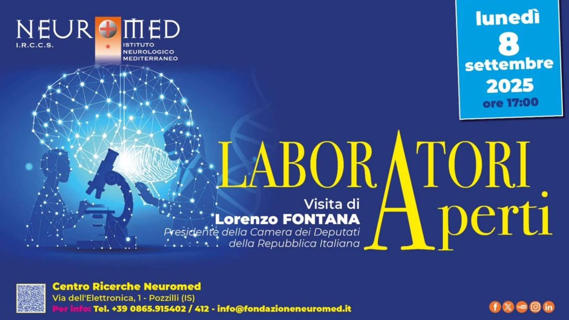 Laboratori aperti all’Irccs Neuromed. La giornata di apertura alla presenza del Presidente della Camera Lorenzo Fontana.